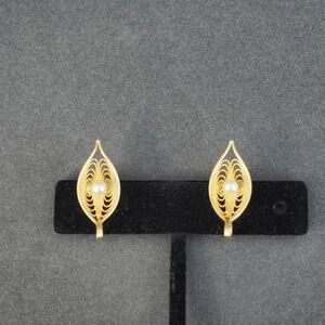 Sarah Coventry Clip On Earrings Gold Tone Filigree Faux Pearl Leaf Book Piece
